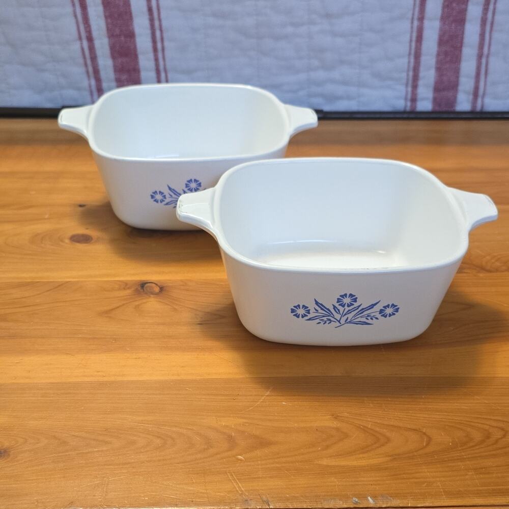 Set of 2 Corning Ware P-43-B 24 oz Square Casserole Dish White Blue USA